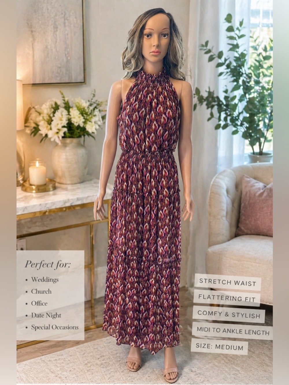 Women's Burgundy Halter Maxi Dress - Medium